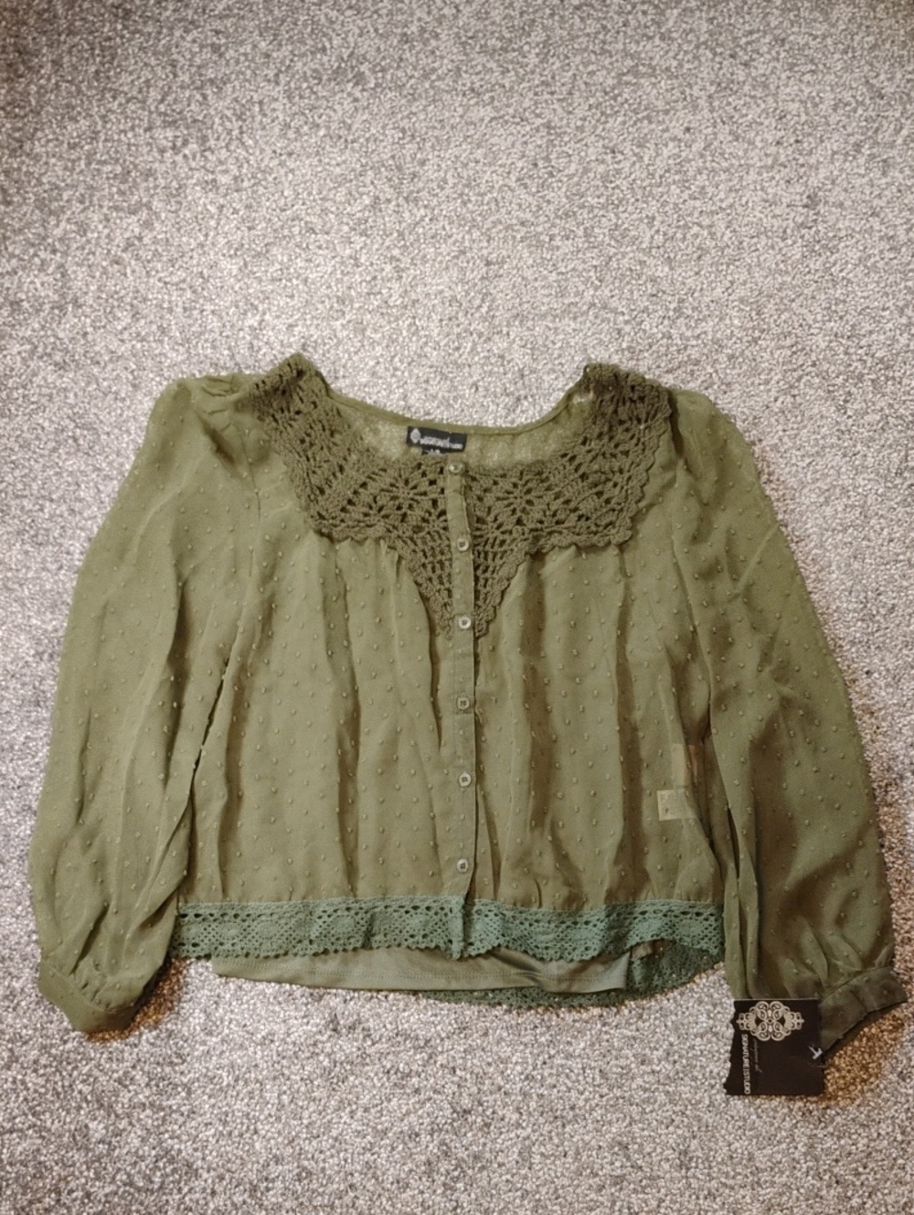 Signature Studio Olive Crochet-Trim Button Front Blouse